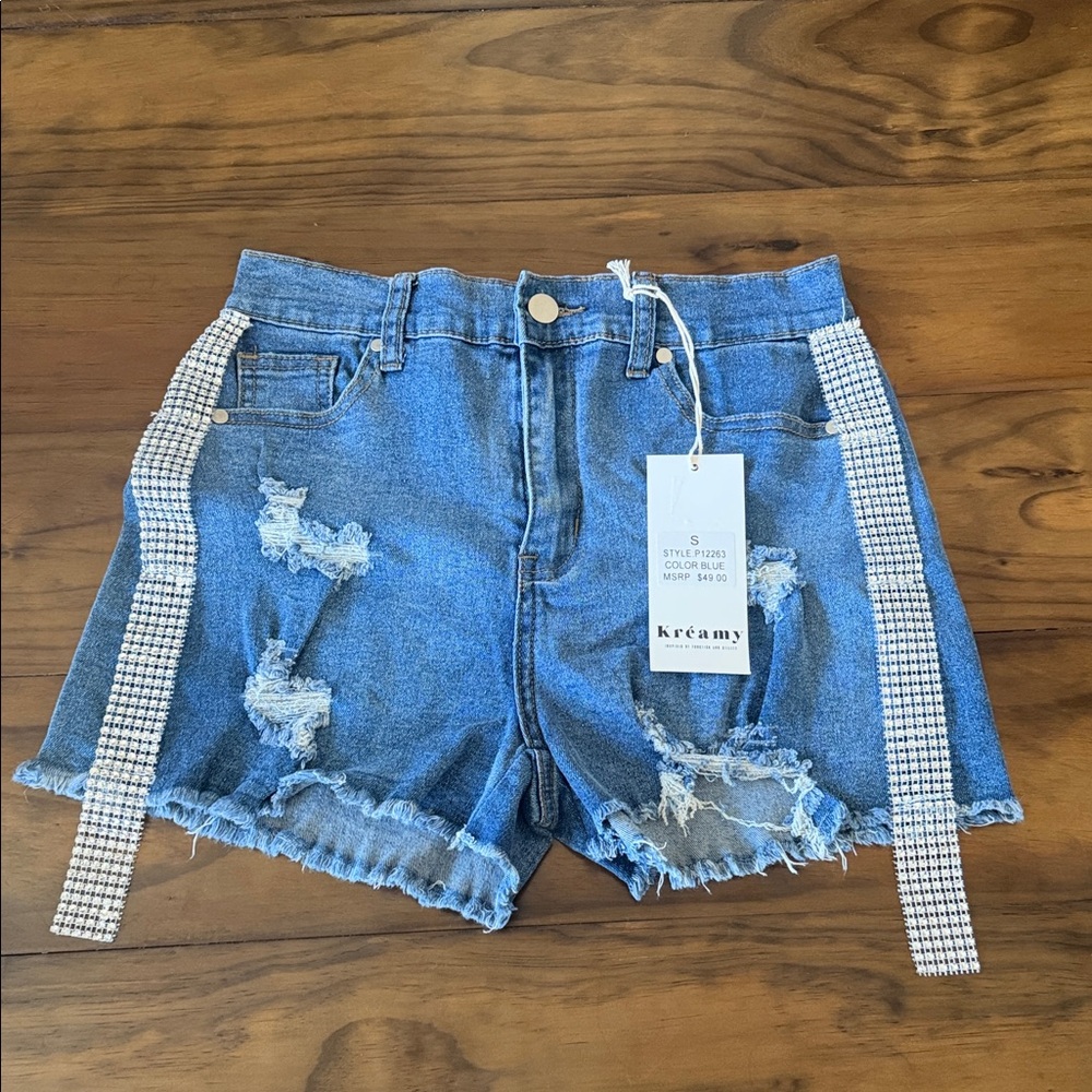 Kreamy Blue Distressed Denim Shorts with Rhinestone Side Straps